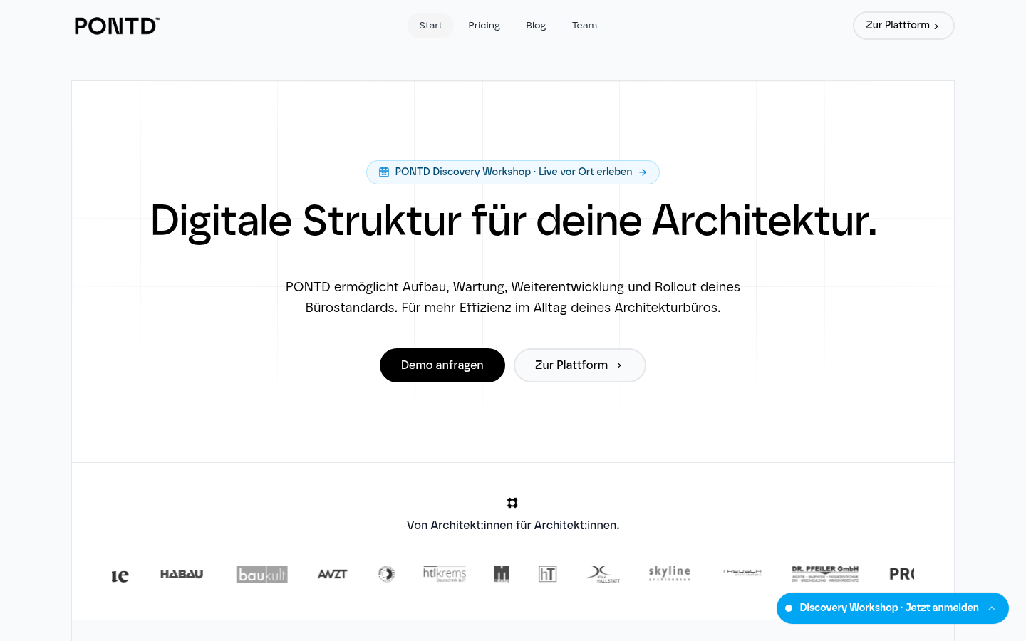 Startseite von pontd.com: „Digitale Struktur für deine Architektur.“